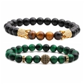 Detailed view of elastic beaded bracelets with tiger eye stones and zircon crowns - Black Agate Brown Tiger Eye Green Stripe (Tiger Eye 1 Set 3)