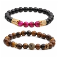 Set di bracciali con perline occhio di tigre e rosa con corone dorate - Nero Lucido Rosa Doppia Corona (Occhio di Tigre 3 Set 1)