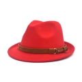Detailed side view of a red wool fedora hat with a brown decorative buckle belt - M (56-58cm) / Red