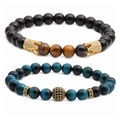 Set di bracciali con perline occhio di tigre e pietra opaca con charm corona d'oro - Occhio di Tigre Nero Marrone Blu Nero Oro Combo (Occhio di Tigre 4 Set 3)
