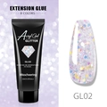 Dettaglio del gel per unghie glitter da 15ml in tonalità GL02 con tubetto e tip unghia - Gel Allungamento Glitter 02 (GL02)