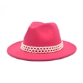 Elegant rose red wide brim fedora hat featuring three rows of white pearl bead band - M(56-58cm) / Rose Red
