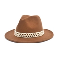 Classic brown wool fedora hat for women featuring a woven faux pearl beaded band - M(56-58cm) / Khaki