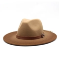Detail of felt jazz hat with khaki crown, brown brim, and leather belt with metal buckle - Brown Two-Tone