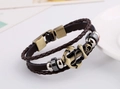 Bracelet multicouche pour hommes en cuir marron foncé avec un pendentif ancre en bronze - café