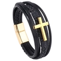 Bracciale multistrato in pelle nera intrecciata con croce dorata e chiusura magnetica - Nero/Accessori Oro