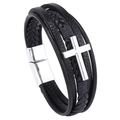 Bracciale multistrato in pelle intrecciata nera con ciondolo a croce e chiusura magnetica - Nero/Accessori Argento