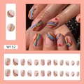 Lot de 24 faux ongles ronds courts avec rayures arc-en-ciel et paillettes dorées - Type à Colle / Multicolore/Nude
