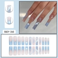 Blue French ombre coffin press-on nails with 3D white flowers and pearl chain decor - SGCY-265 / Glue Type