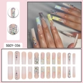 Colorful floral press-on nails with rhinestones and pink gradient in long square shape - SGCY-336 / Glue Type