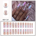Long coffin press-on nails with blue tie-dye floral patterns and 3D flower accents - SGCY-267 / Glue Type