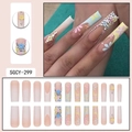 Long trapezoidal French press-on nails with colorful 3D flowers and rhinestones - SGCY-299 / Glue Type