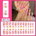 Rainbow gradient French press-on nails with rhinestones in long coffin shape - Rainbow Gradient French Rhinestone Coffin Style (SGCY-156)