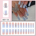 Blue gradient long square press-on nails with silver heart rhinestones and wave lines - Light Blue Pink Gradient Rhinestone Heart Style (SGCY-125)