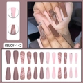 Long coffin marble press-on nails in pink and brown with rhinestone accents - Nude Brown Marble Rhinestone Decoration Style (CBLCY-142)