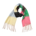 Close-up of thick striped knit scarf with chunky tassels and colorful patchwork blocks - 220x40+15cm / Green