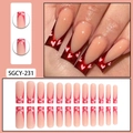 Long coffin false nails featuring nude and red pearlescent french heart patterns - SGCY-231 Red Heart Nude Style