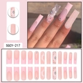 Long French pink press-on nails set with glitter, 3D flowers, and rhinestones, 24 pieces - SGCY-217 Pink 3D Flower French Style