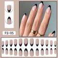 Elegant almond-shaped French nails in nude pink with black tips and model FS-05 label - FS-05 Nude Pink Base Black Tip