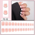 Pink and white French tip square fake nails set shown on hands and in detailed full kit layout - FS-02 Pink Base White Tip