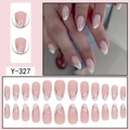 French almond press-on nails in nude and white with elegant gold line accents - Nude Pink White Gold Line French (Y-327)