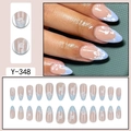 Blue French almond press-on nails with white flower designs in a 24-piece full set - Blue French Tip White Floral (Y-348)