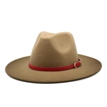 Klassischer Khaki-Fedora-Hut aus Wolle mit breiter Krempe und rotem Lederband mit Schnalle - Khaki