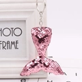 Pink sequin mermaid tail keychain with silver metal ring on a white decorative frame - Fish Tail 10cm (Silver Single Ring) / Pink