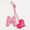 Pink leather letter M and heart charm with white stitching for handbag decoration - Rose Red Heart and Pink M