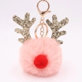 Portachiavi renna di Natale in peluche rosa con corna glitter oro e pompon rosso - Rosa