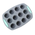 Gray 12-cup silicone muffin pan with light green non-slip handles for easy baking - 12-Cup Muffin Pan