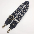 Ethnic embroidered navy canvas wide shoulder strap with bronze metal buckles - Antique Bronze Hook / No.1 Black Leather