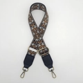 Detail of bohemian jacquard embroidered canvas bag strap with bronze metal hooks - Antique Brass Hook / Black Background Brown Pattern Black Leather