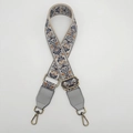 Detail of adjustable 38mm embroidered canvas bag strap with bronze metal hooks - Gray-Blue/Brown With Antique Brass Hook