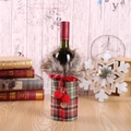 Christmas wine bottle cover featuring red green plaid fabric and brown faux fur trim - Red Green Plaid Fur Collar Pom Pom Style