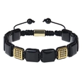 Detail of hand-woven bracelet with 10mm square malachite and gold micro-pave charms - Black Agate