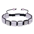 Macro view of woven bracelet with pink square natural stone and silver micro-pave charms - Rose Quartz