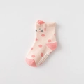 Pink polka dot cotton baby socks with 3D cat ears and non-slip sole lettering - Polka Dot Cat
