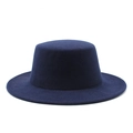 Detailed view of navy blue flat top wool felt hat texture and wide brim structure - M(56-58cm) / Navy Blue