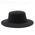 Detailed texture of black wool felt boater hat with flat brim for autumn and winter - M (56-58cm) / Black