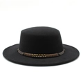 Detail of black wool fedora hat with vintage brown studded band and leather cord trim - M (56-58cm) / Black