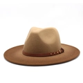 Two-tone gradient wide brim wool fedora hat with brown leather band and metal buckle - Camel Patchwork Brown
