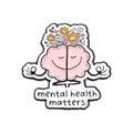 Pink brain enamel pin with colorful flowers and Mental Health Matters text for awareness - Meditation Brain Flower Style (QHXZ2134)