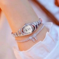 Silver quartz watch with crystal oval dial and matching rhinestone bow bracelet - Silver Watch Bracelet Set