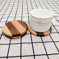 Striped round wooden coaster with walnut and beech wood dual-color patchwork design - Multi-color Patchwork Round Flat 8.8cm