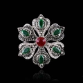 Broche de flor barroca retro en acabado plata con vibrantes cristales rojos y verdes - Plata Antigua - Broche de Loto de Seis Tesoros - Rojo Verde