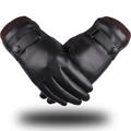 Close-up of men's black PU leather gloves with red-brown knit cuffs and strap detail - Ribbed Knit Cuff Style / Black