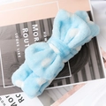 Blue coral fleece headband with white polka dots and soft plush bow detail - Blue and White Polka Dots