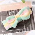 Rainbow striped coral fleece headband with large bow in pink, yellow and mint green - Green Yellow Pink Stripes