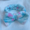 Plush coral fleece headband with blue background and pink heart bow for face washing - Blue Strawberry Rabbit
